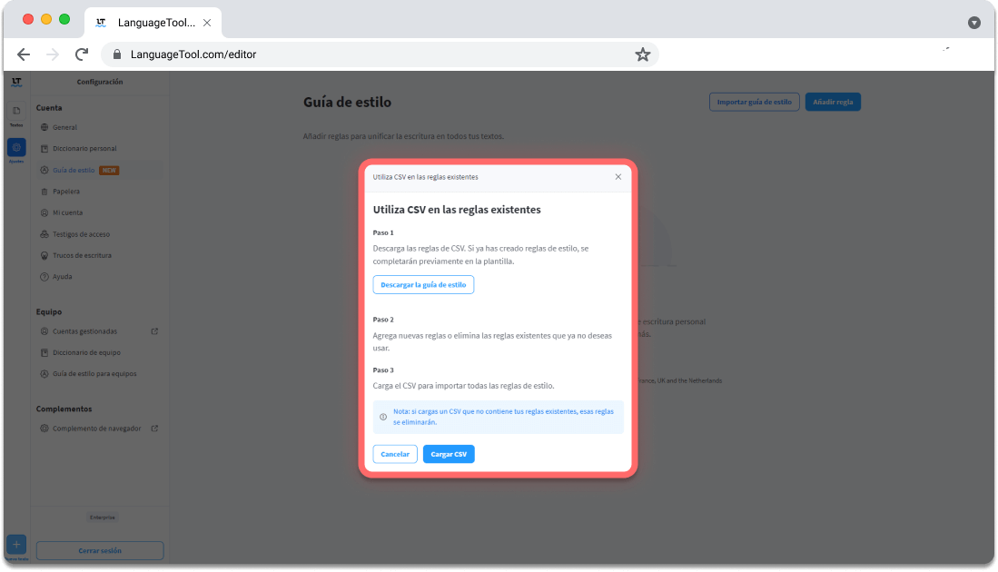 Puedes usar un archivo CSV para subir muchas reglas a la vez a tu guía de estilo de LanguageTool.