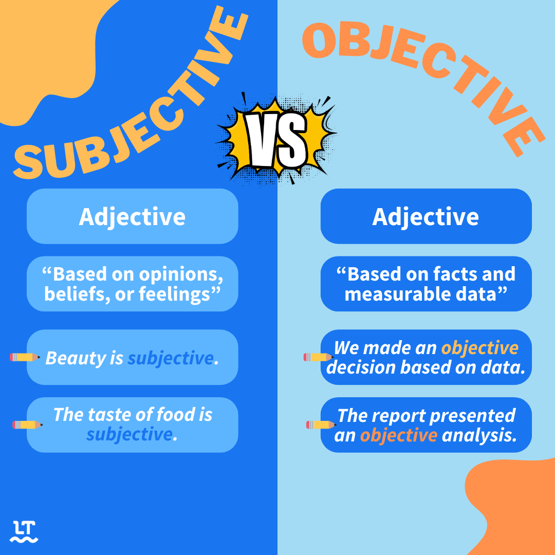 Colorful graphic shows to columns highlighting the difference between subjective and objective.