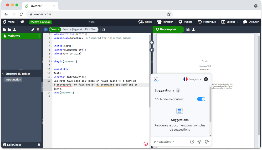 Affichage des erreurs par le correcteur d’orthographe et de grammaire LanguageTool sur Overleaf. 