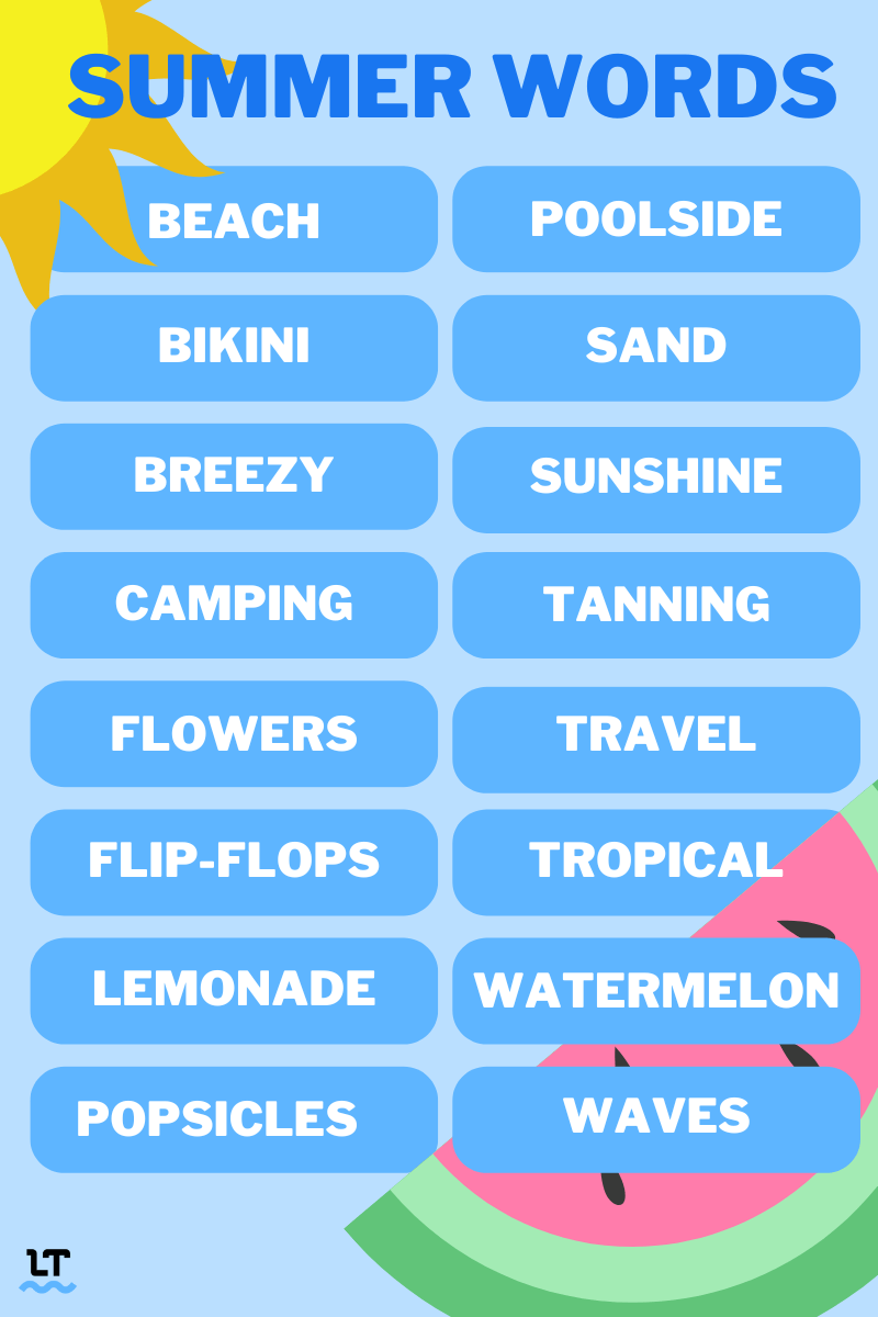 Graphic shows a list of summer-related words including beach, bikini, flip-flops, sunshine, tanning, travel, tropical, watermelon, waves, and more. 