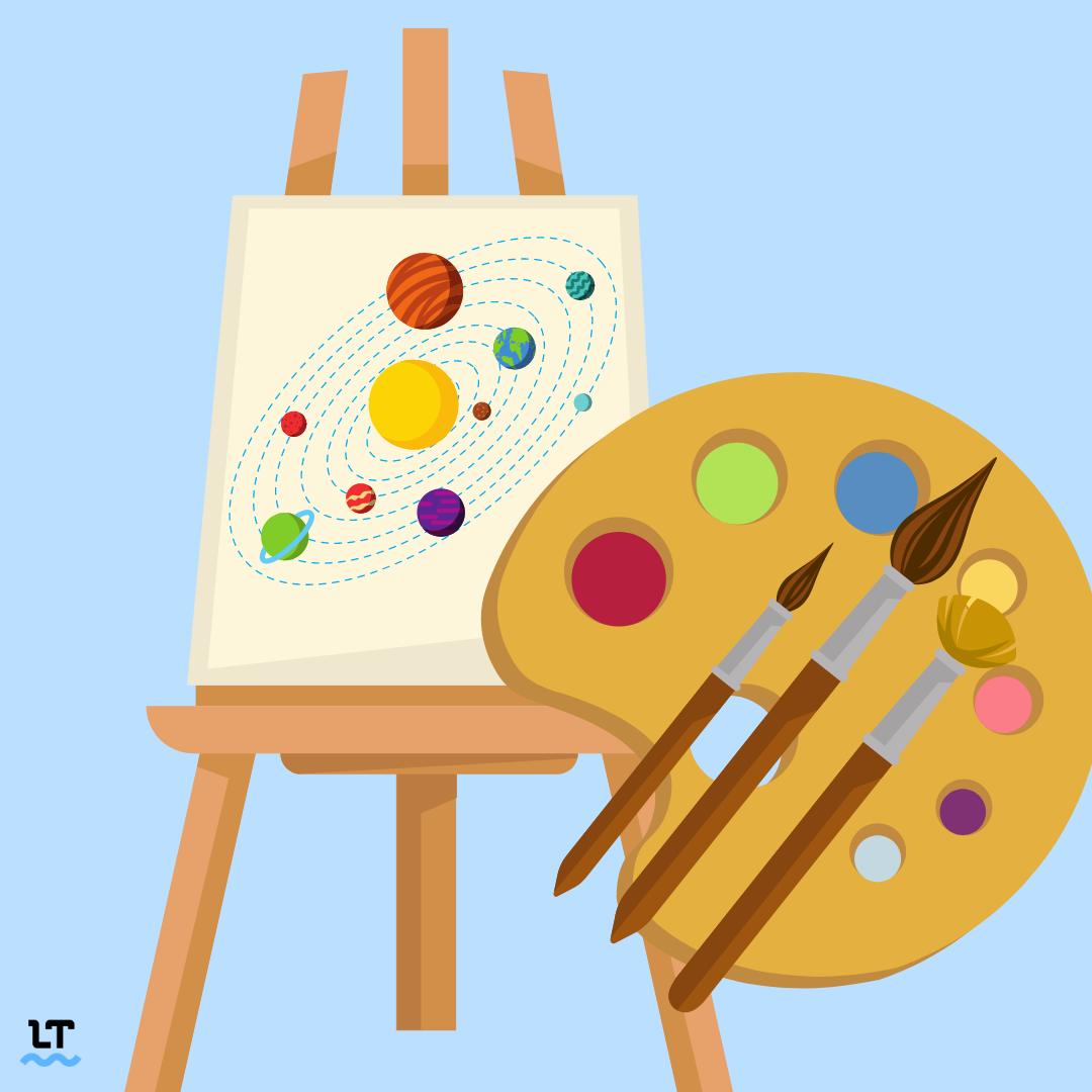 Image shows paint brushes on a paint pallete, with a canva that shows the milky way galaxy. 