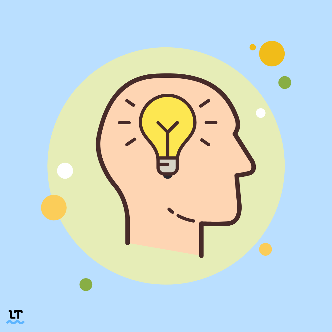 Graphic shows side profile of a human with a lightbulb where the mind would be to imply thinking.