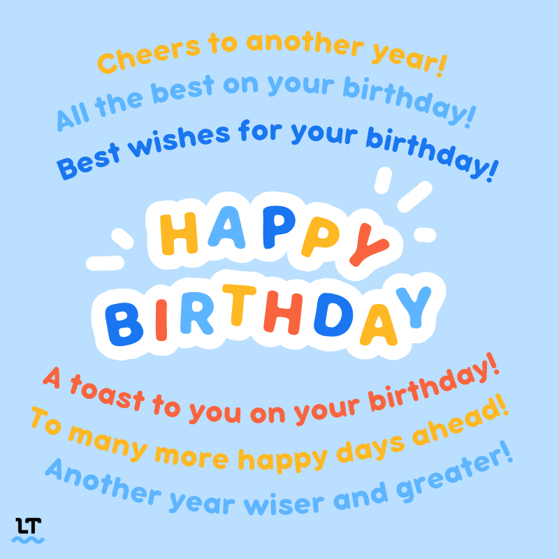 Graphic shows text that reads "happy birthday" and the alternatives listed above surrounding it. 