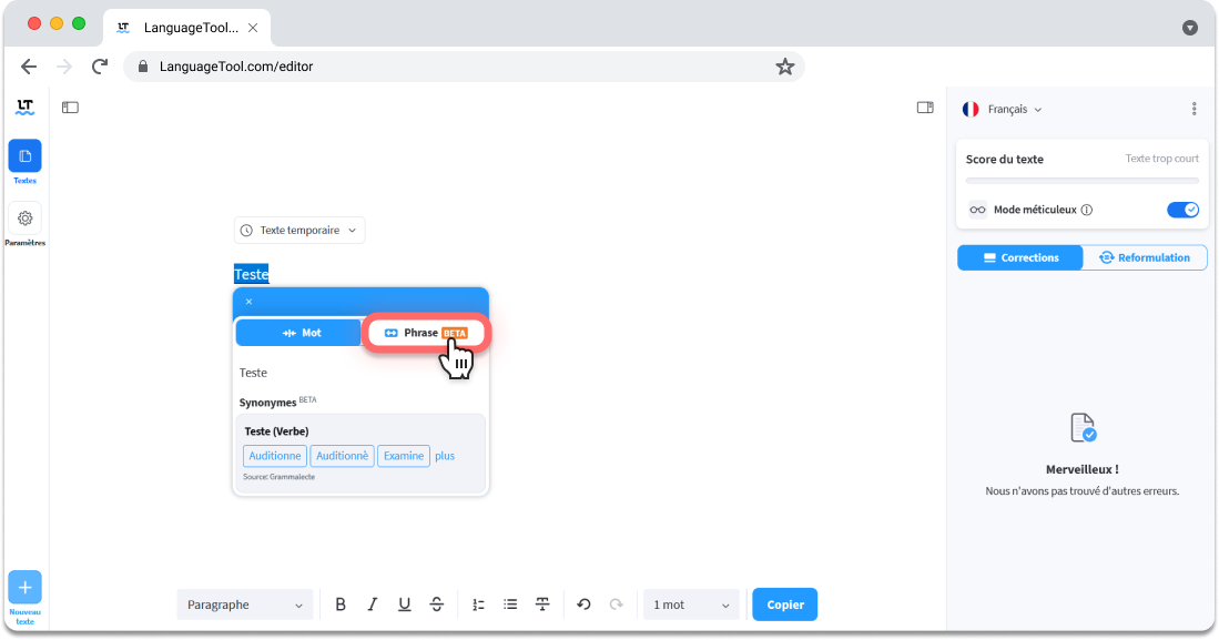 Fonction de reformulation sur le correcteur orthographique LanguageTool.