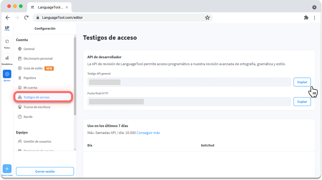 Testigos de acceso y LanguageTool.