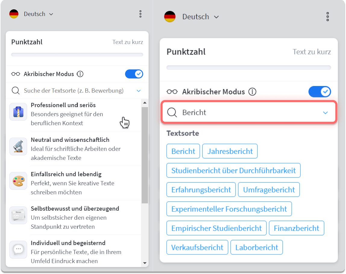 Screenshot 2: LanguageTool bietet fünf Zielsetzungen und jede Menge Textsorten zur Auswahl