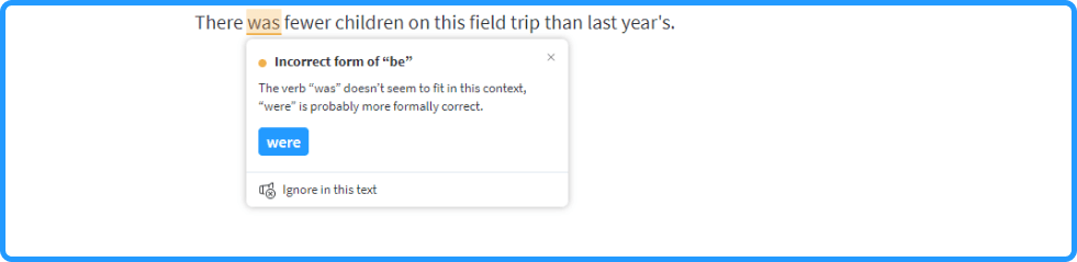 Example of LanguageTool detecting incorrect use of was/were (spell checker, grammar checker, text editor)