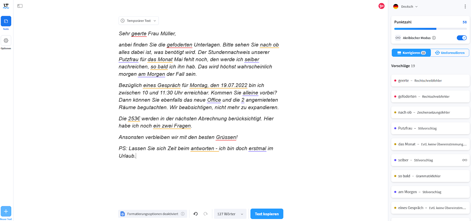 Screenshot 2: Editor bei LanguageTool 