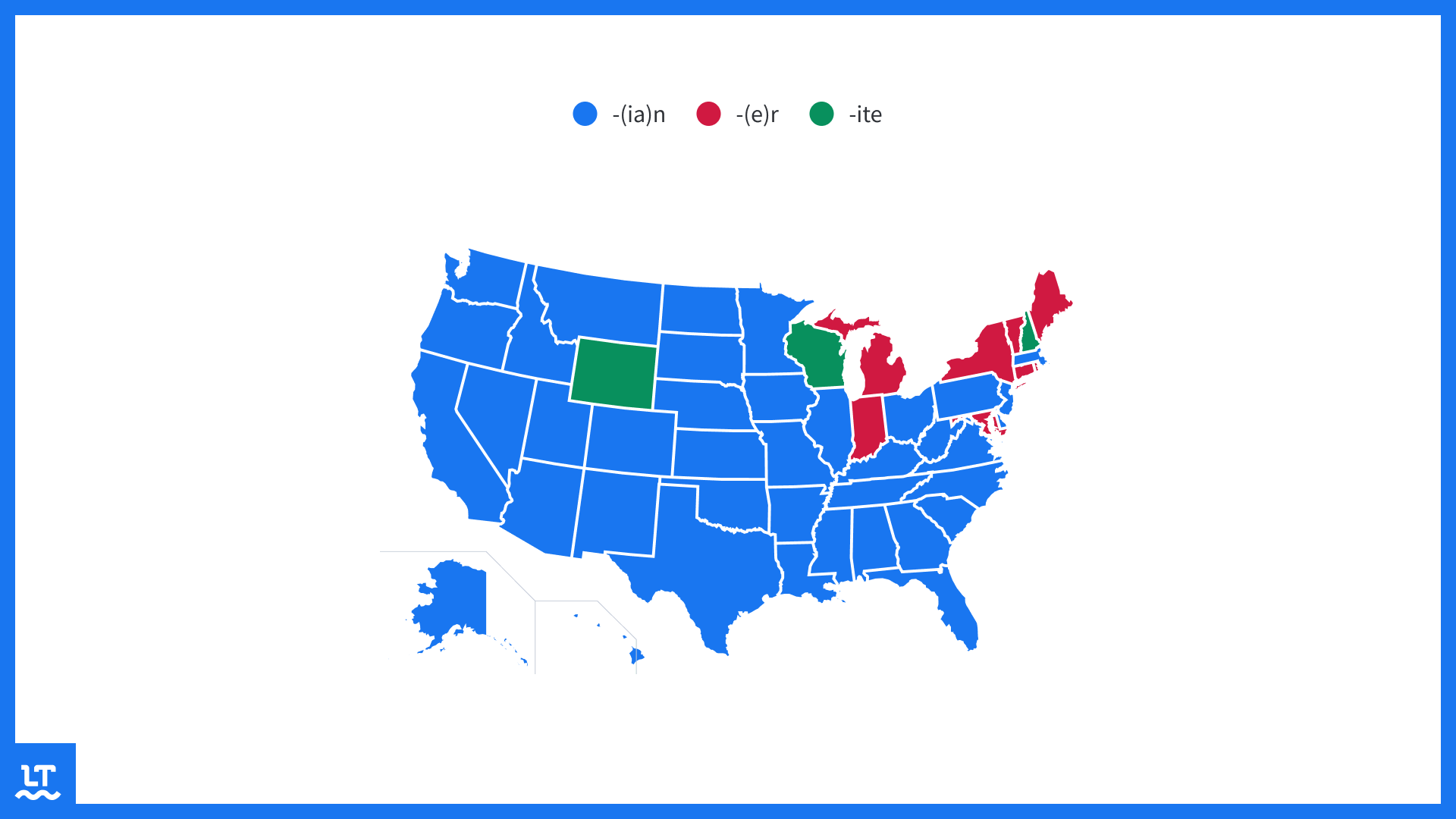 American states' adjectives with typical suffixes. 