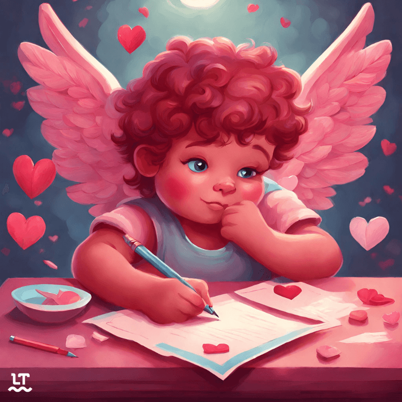 Illustration shows a playful rendition of a young Cupid writing a love letter on a table, with floating hearts all around him. 