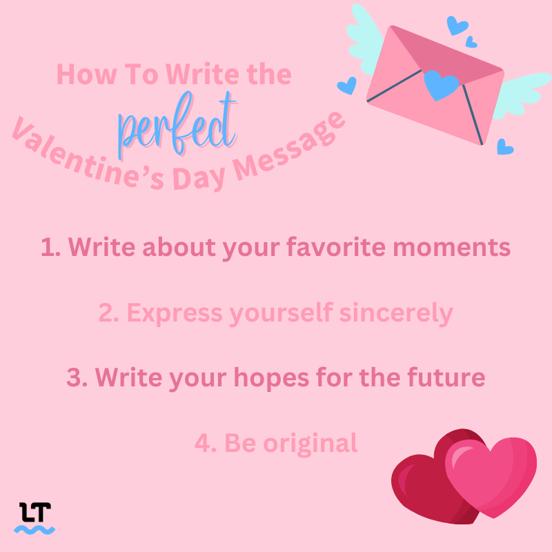 Graphic shows a summary of how to write the perfect Valentine's Day message. 