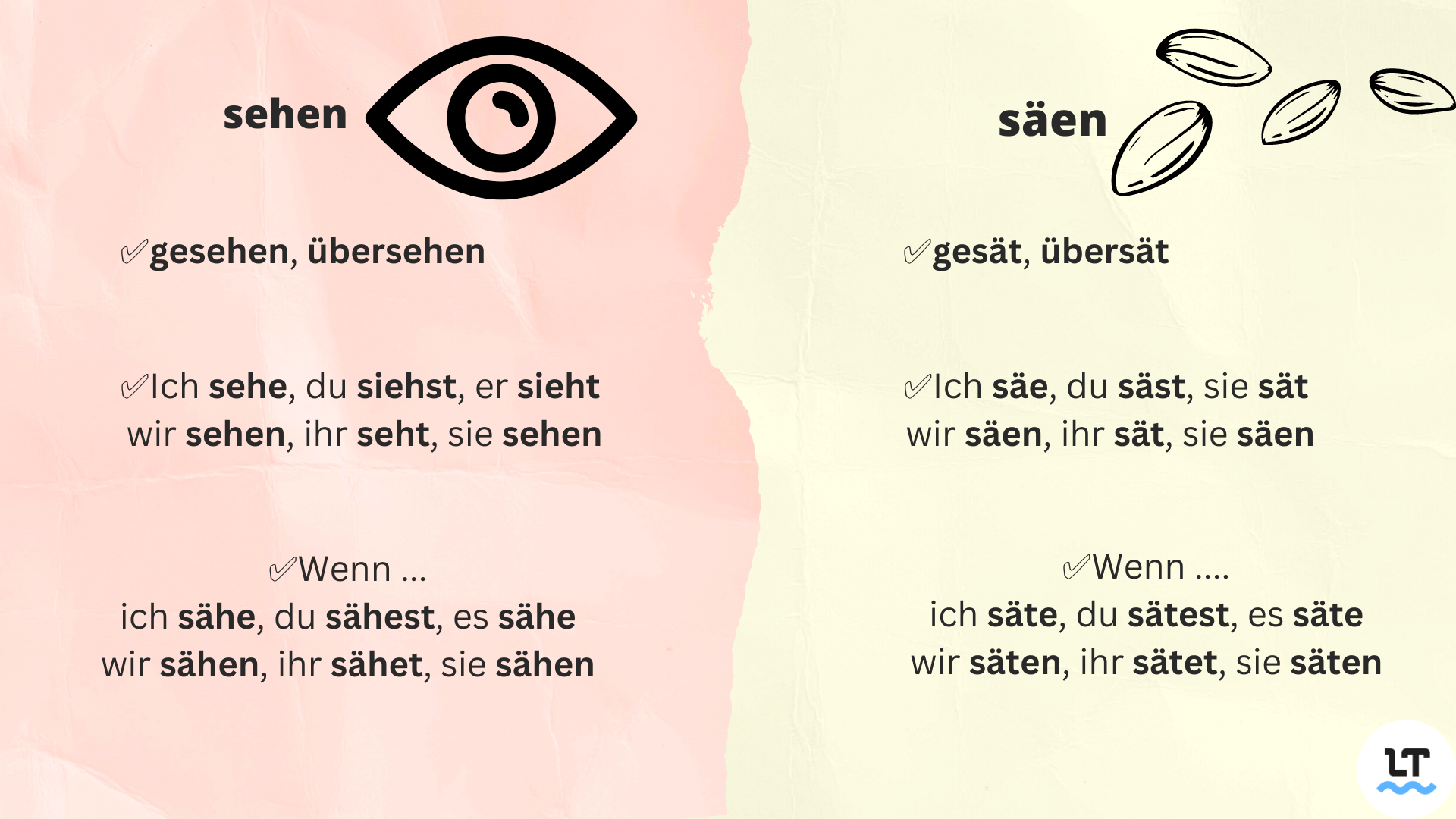 „Sehen“ lässt sich unregelmäßig konjugieren („sähen“, „gesehen“). „Säen“ hingegen regelmäßig.