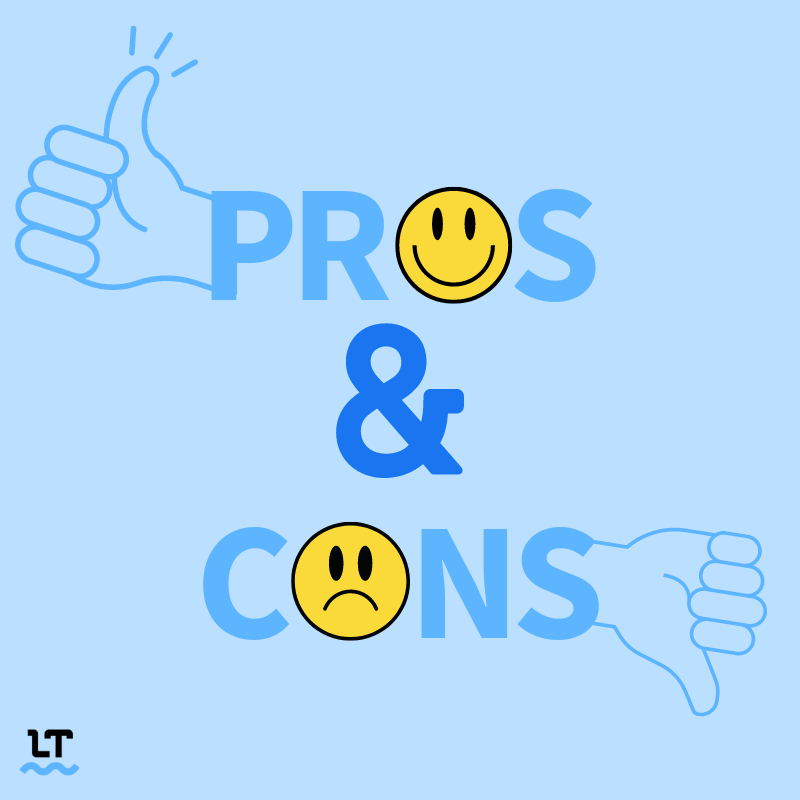 Image shows “pros and cons” with the “o” in “pro” being a smiley face, and the “o” in “cons” being a frown face. 