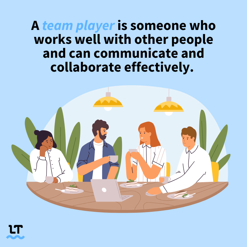 GRaphic shows coworkes sitting around a table and text that reads "A team player is someone who works well with other people and can communicate and collaborate effectively."