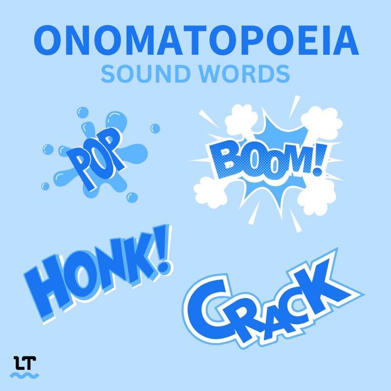 Visual shows examples of onomatopoeia: pop, boom, honk, crack.