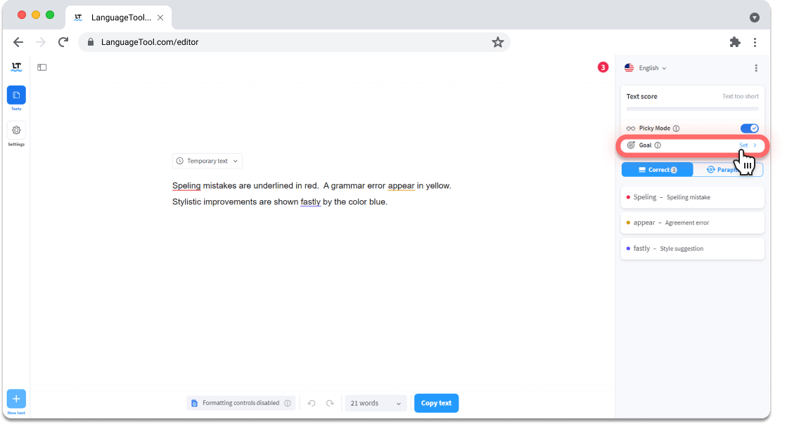 Image shows screenshot of LanguageTool Editor with "Goal" highlighted in red. 