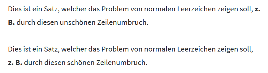 Zwei Beispielsätze, die zeigen, wie ein geschütztes Leerzeichen helfen kann, dass Einheiten nicht auseinandergerissen werden.